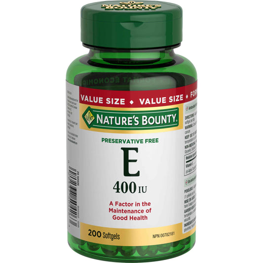 NATURE'S BOUNTY Vitamin E, 400 IU, Antioxidant, Preservative Free, 200 Softgels, 134 g 🍁 All In One Marketplace Canada