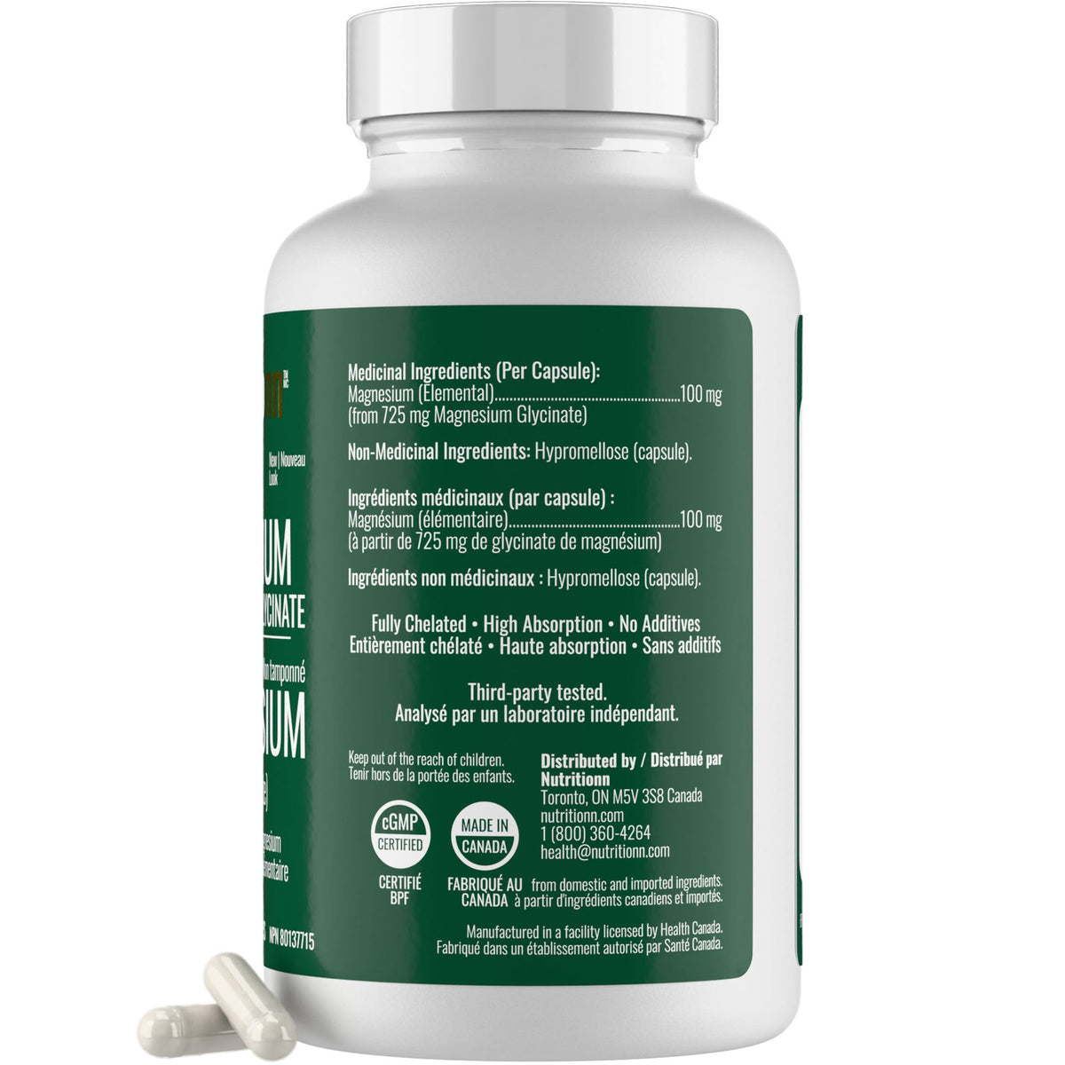 Magnesium Glycinate 100 mg Capsules (Elemental) from Non-Buffered Fully Chelated 100% Magnesium Bisglycinate - 124 High-Absorption Capsules with No Additives - Made in Canada - Nutritionn 🍁 All In One Marketplace Canada