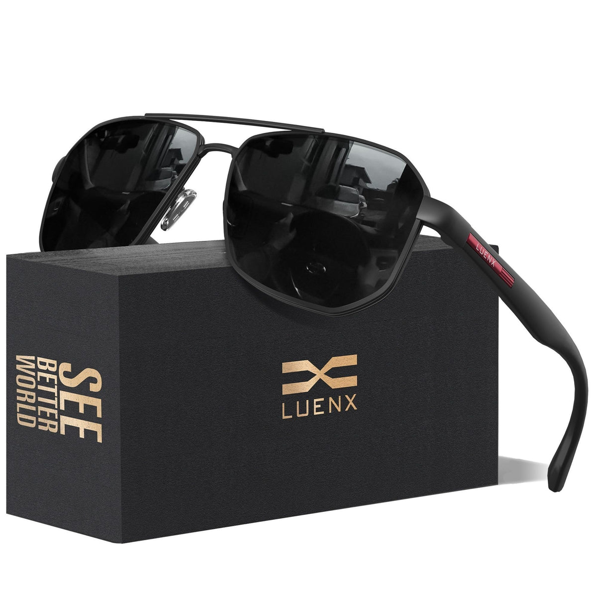 LUENX Aviator Sunglasses for Men Square Polarized Polygon Black Lens Matte Black Frame - UV 400 Protection with Accessories Driving 🍁 All In One Marketplace Canada