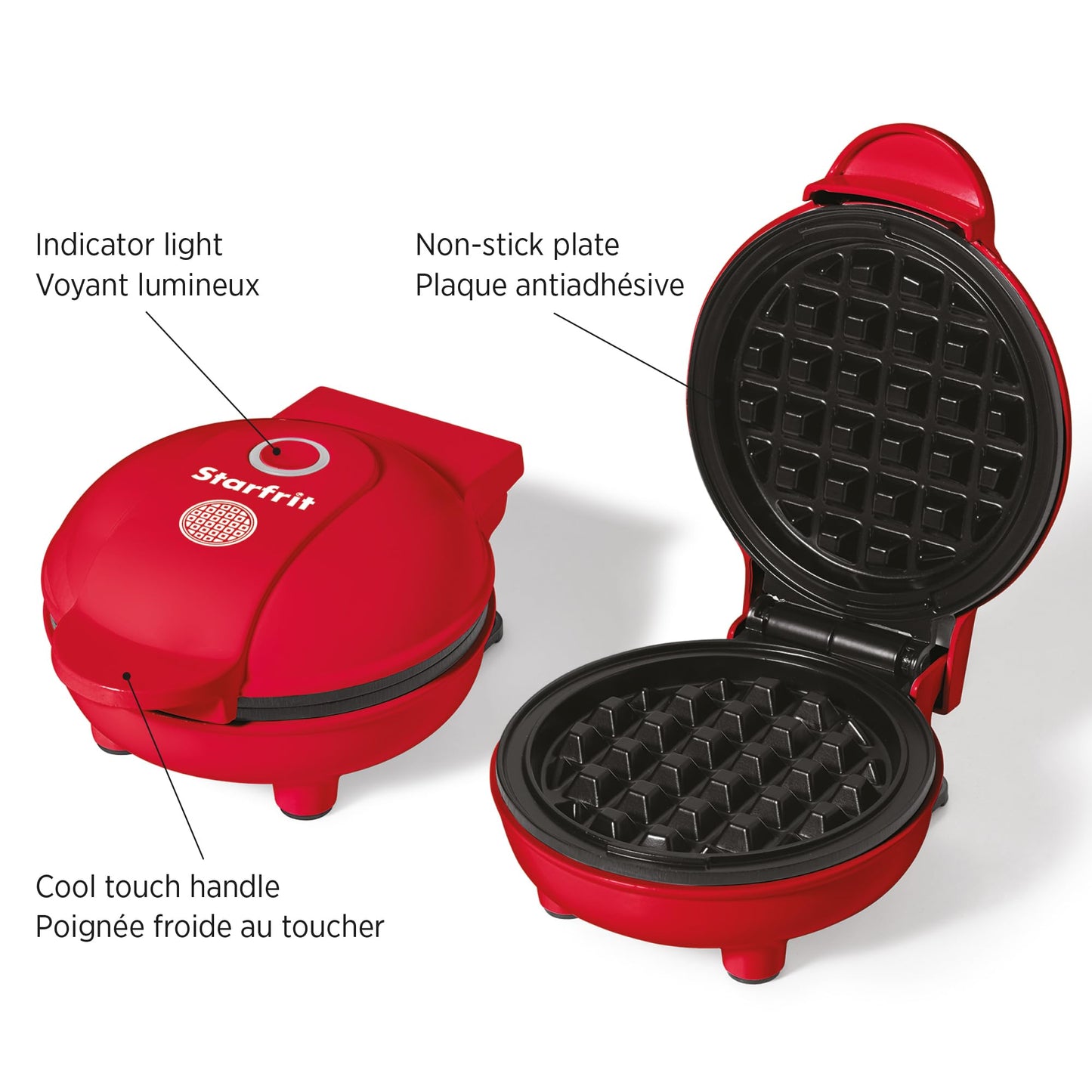 Starfrit Electric Mini Waffle Maker - 4" Non-Stick Cooking Surface - Easy to Use & Clean - Red - 350W 🍁 All In One Marketplace Canada