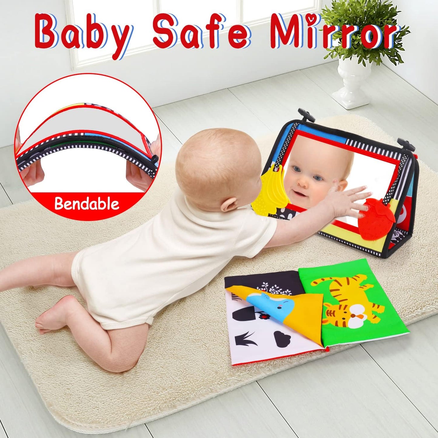 Tummy Time Baby Mirror Toy, Black and White High Contrast Baby Newborn Toys 3 6 12 Months, Montessori Crinkle Cloth Book Sensory Activity Development Gift for 0-6 Months Infant Boys Girls Easter Gift 🍁 All In One Marketplace Canada
