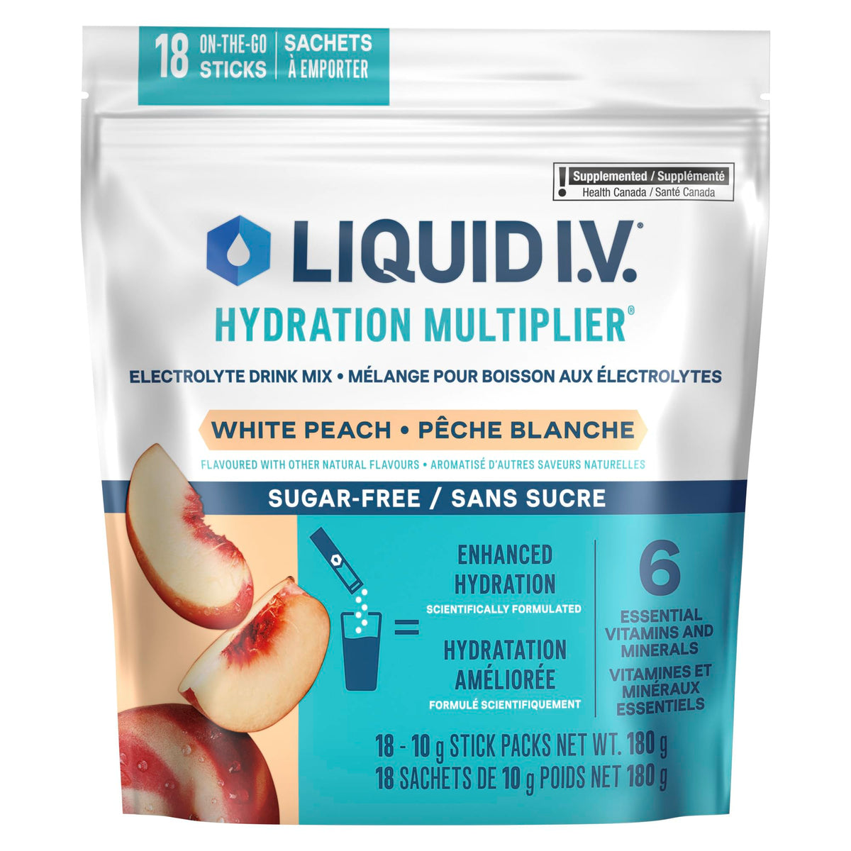 Liquid IV Sugar-Free Electrolyte Drink Mix for enhanced hydration, White Peach with Vitamins B3, B5, B12 and C 60g (18 sticks) 🍁 All In One Marketplace Canada