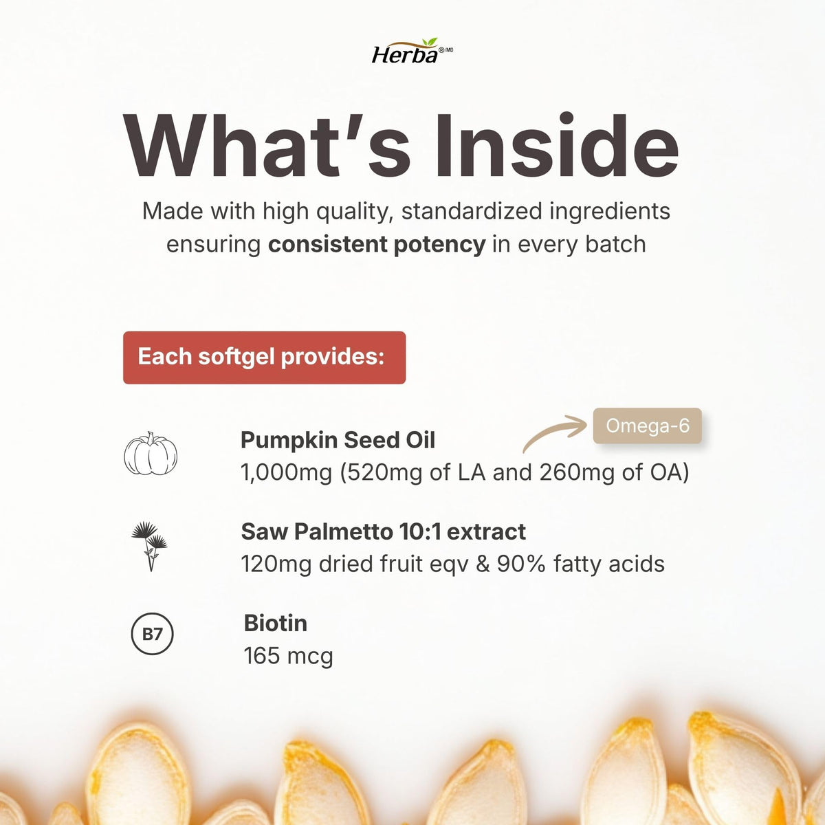 Herba Pumpkin Seed Oil Capsules for Hair - 90 Softgels | 3 in 1 with Saw Palmetto and Biotin | Cold Pressed, Extra Virgin, and Non GMO | Made in Canada 🍁 All In One Marketplace Canada