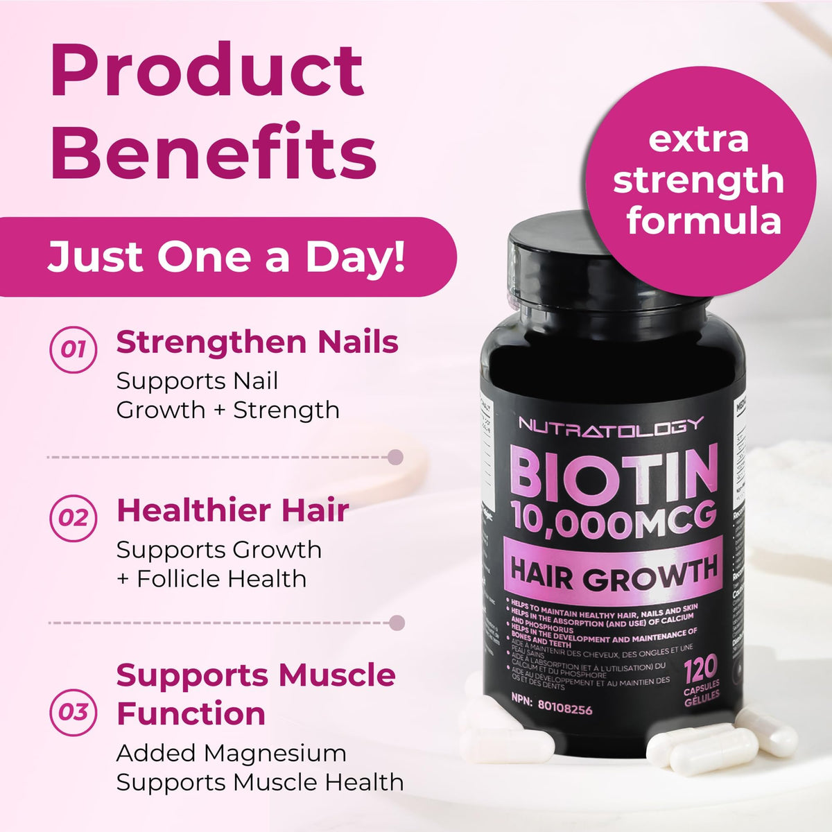 Biotin 10000MCG Hair Vitamins For Hair Growth Women | Canadian-Made | Promotes Healthy Skin & Nail Growth - Supports Muscle Function - Biotin Supplement - Hair Growth Products for Women - 120 capsules 🍁 All In One Marketplace Canada