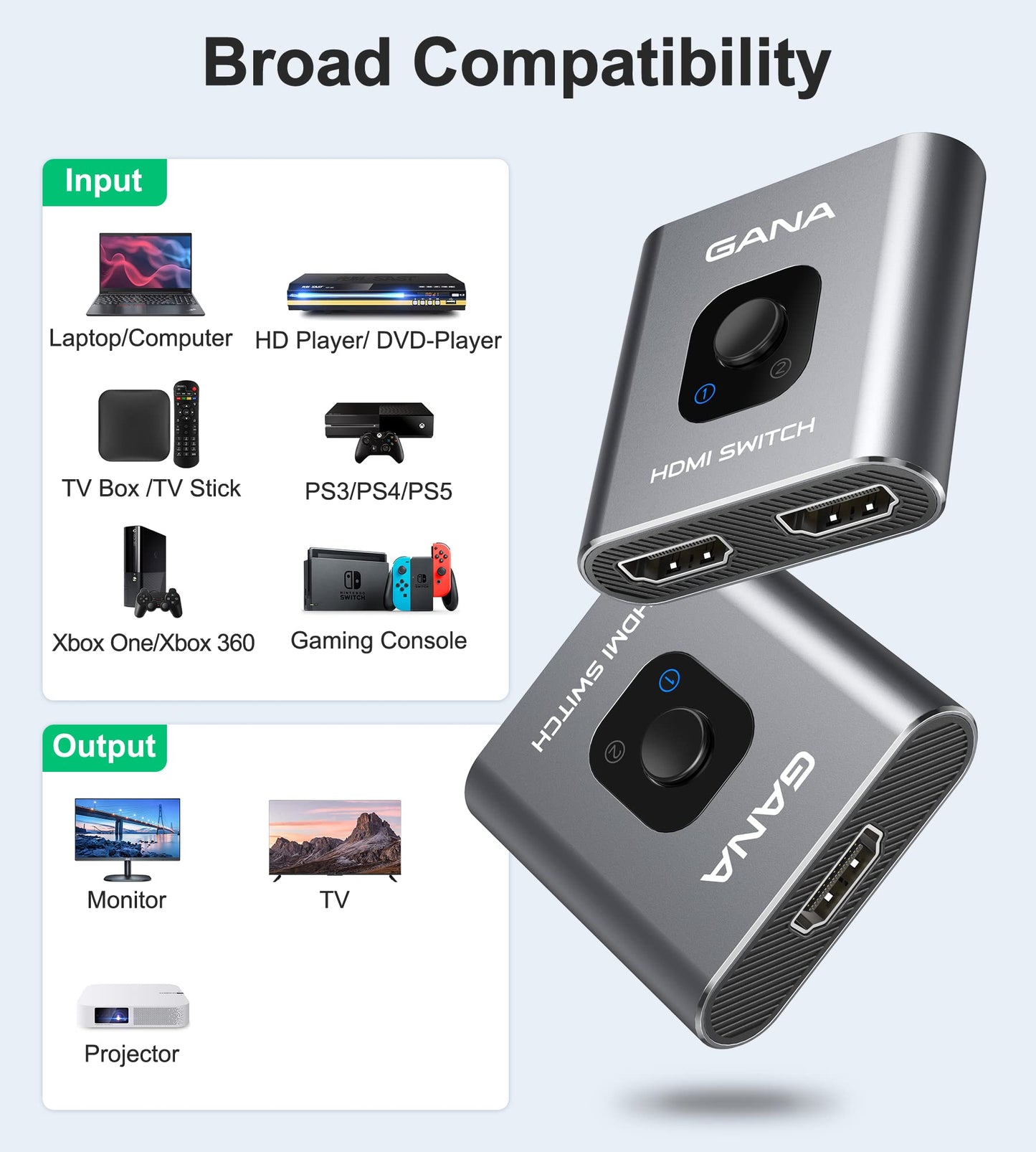 HDMI Switch 4K HDMI Splitter - Gana Prime Aluminum Bi-Directional HDMI Switcher 1 in 2 Out (Single Display) or 2 Input 1 Output, Supports 4K 3D HD 1080P for Xbox PS4 Roku HDTV etc. （Grey… 🍁 All In One Marketplace Canada