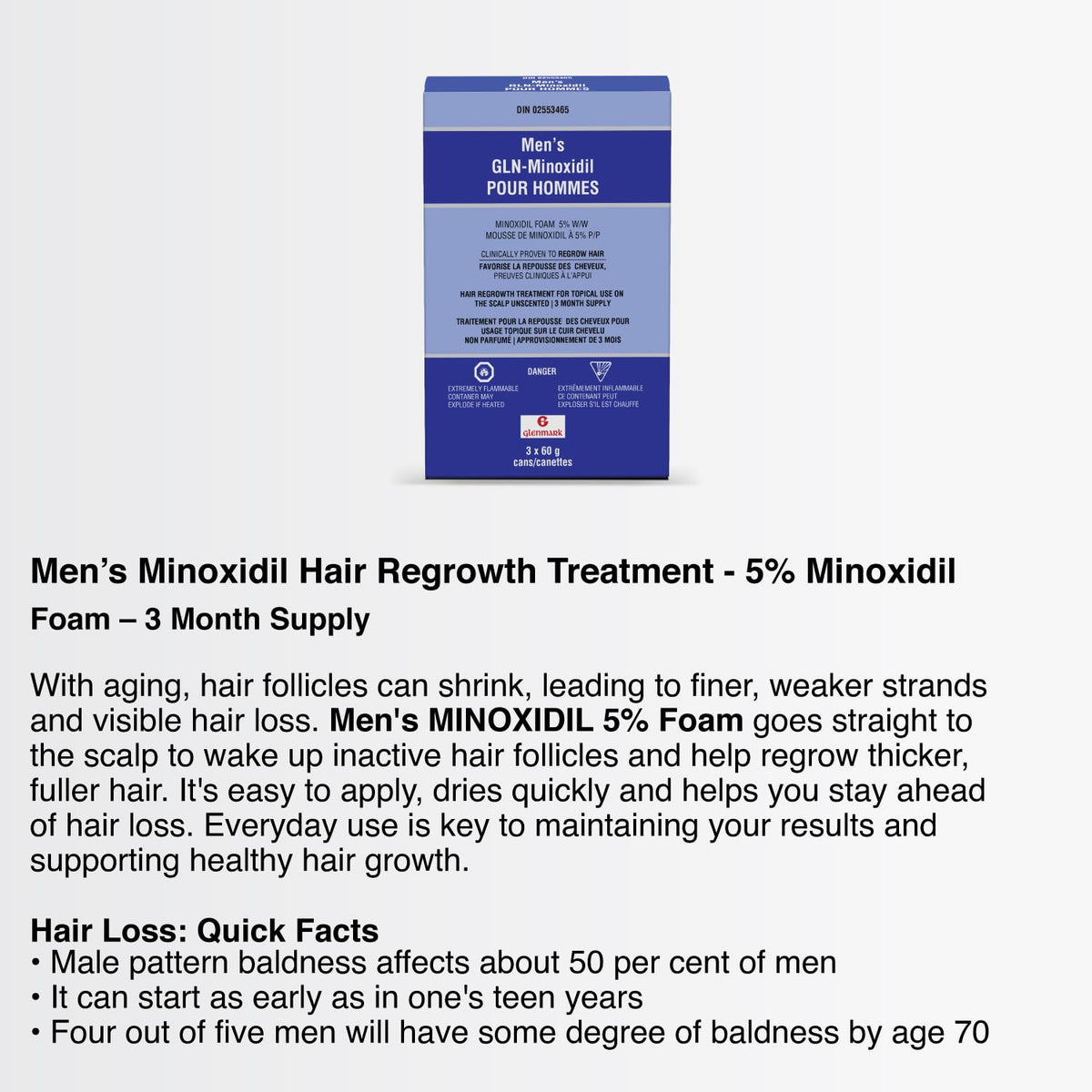 Glenmark | Minoxidil 5% Hair Regrowth Foam for Men, Aerosol Can, 3 Month Treatment (180 gr) – Mess-Free, Fast-Drying Formula for Thinning Hair & Hair Loss – Reactivates Follicles 🍁 All In One Marketplace Canada