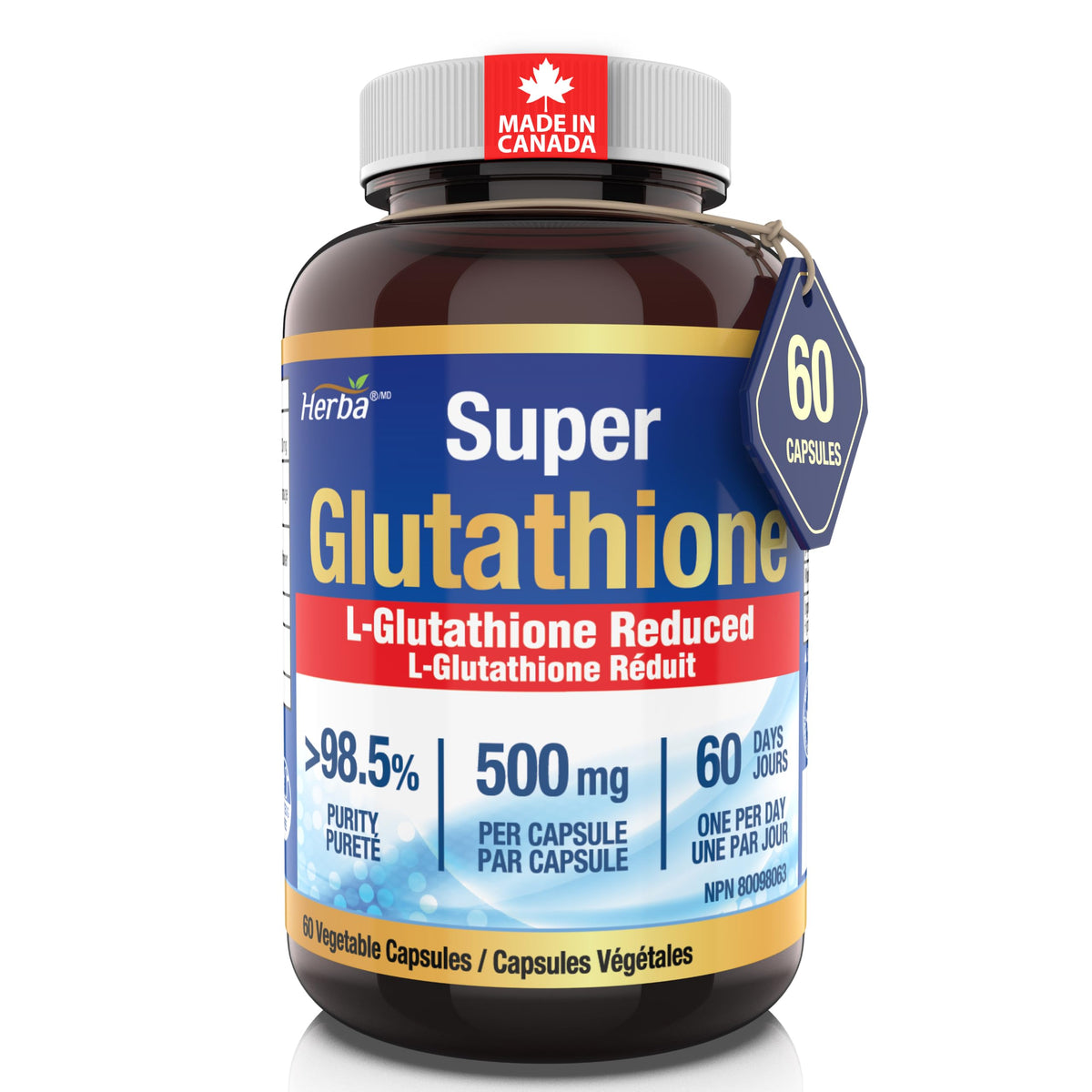 Herba Glutathione Supplement 500mg - 60 Vegetable Capsules | L Glutathione Reduced Active Form | Super Glutathione 500mg Capsule for Antioxidants | >98.5% Purity | Made in Canada 🍁 All In One Marketplace Canada