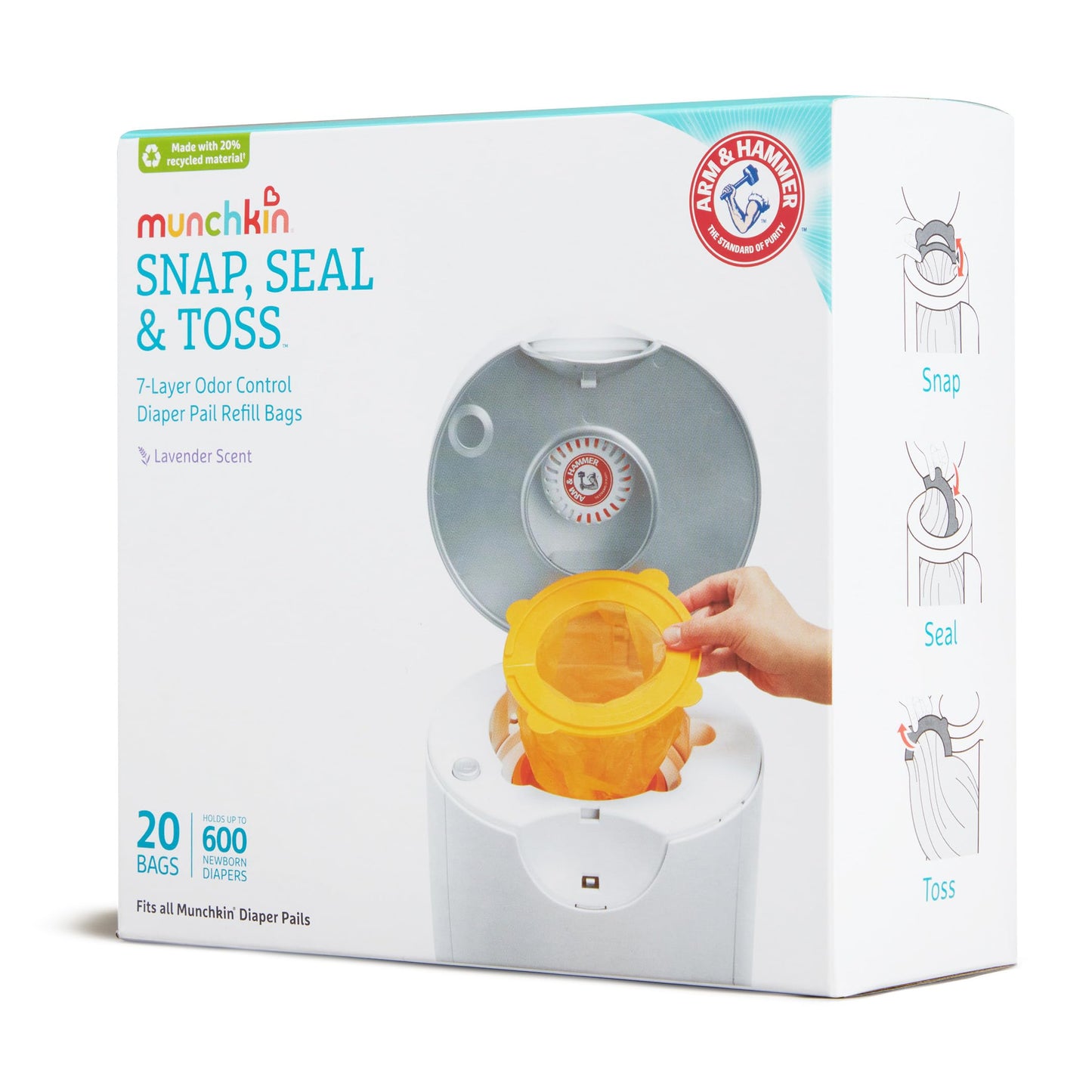 Munchkin Arm & Hammer Diaper Pail Snap, Seal and Toss Refill Bags, 20 Bags, Holds 600 Diapers 🍁 All In One Marketplace Canada