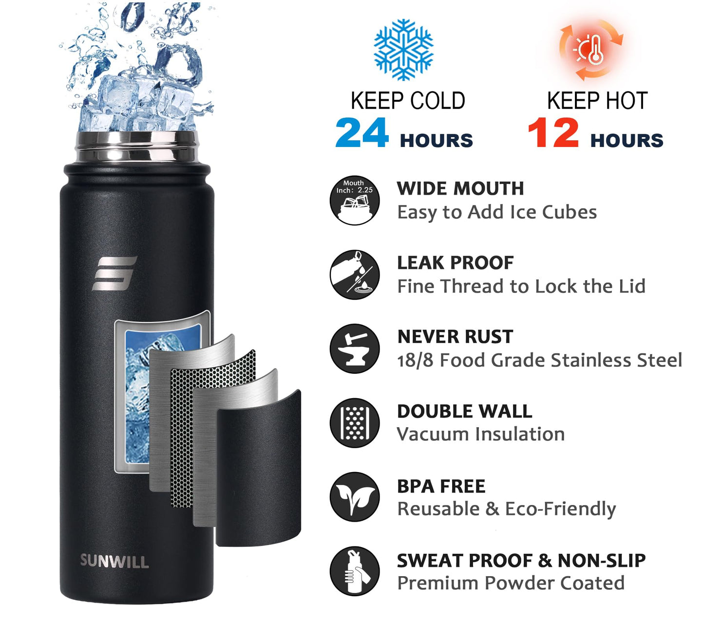 SUNWILL Metal Water Bottle with Straw 22 oz, Stainless Steel Insulated Flask for Cold and Hot Drink, Travel, Sports, Gym, Powder Coated Black 🍁 All In One Marketplace Canada