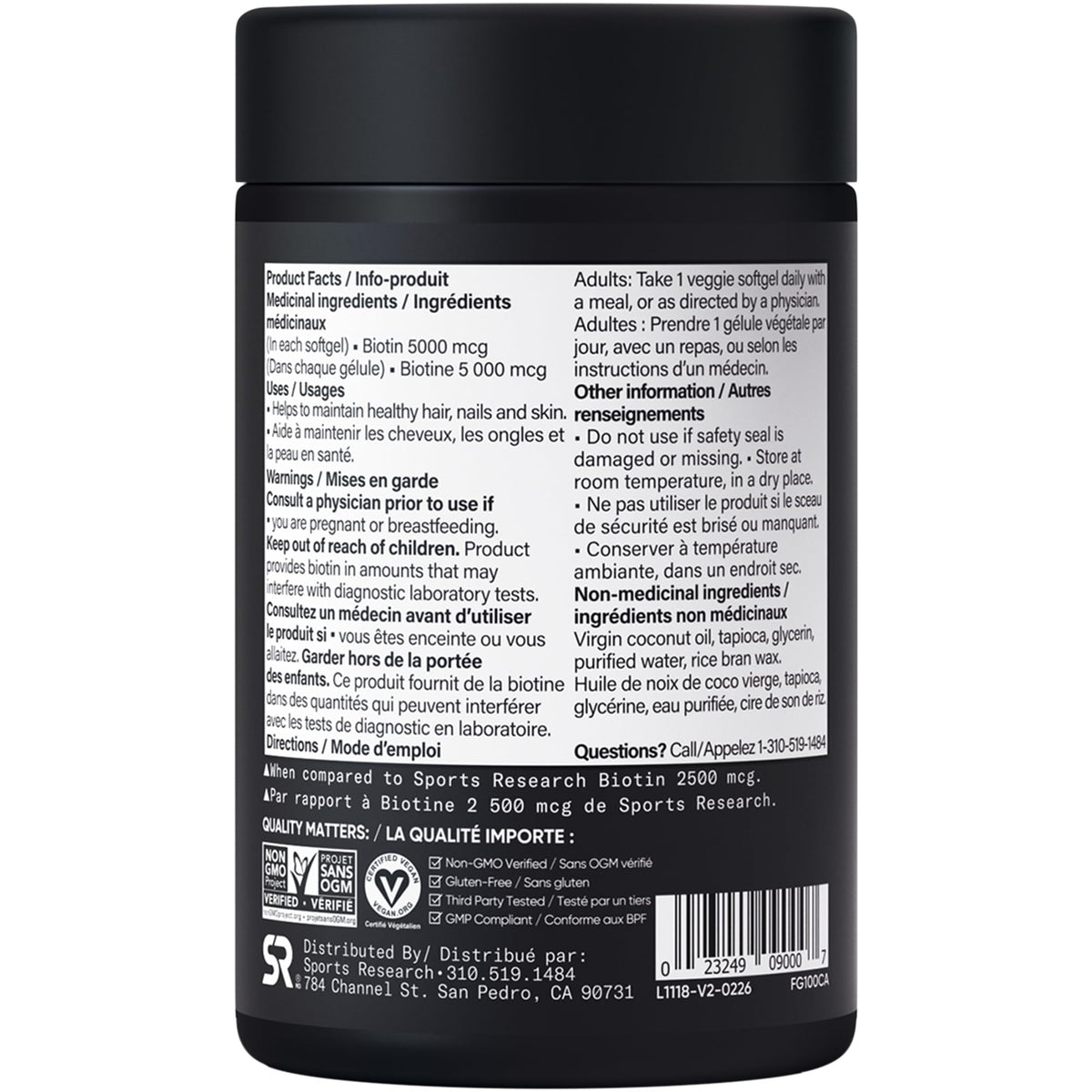 Sports Research® Extra Strength Vegan Biotin 5,000mcg with Organic Coconut Oil - Helps to Maintain Healthy Hair, Nails and Skin - Great for Women & Men - 120 Veggie Softgels 🍁 All In One Marketplace Canada