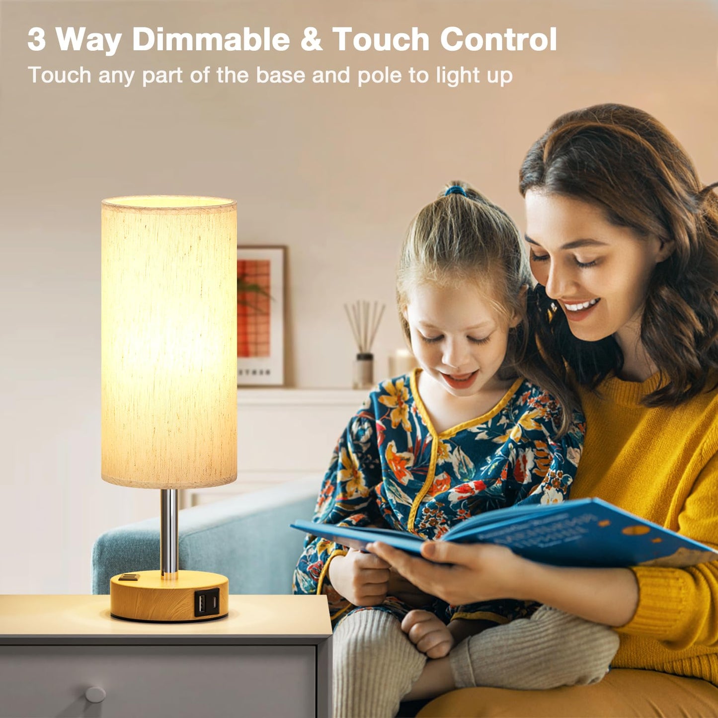 Table Lamp for Bedroom Set of 2 - Touch 3 Way Dimmable Bedside Lamps with USB C and A Ports, Night Lamp for Nightstand with AC Outlet, Desk Lamps for Living Room, Reading Room, Kids Room, Office 🍁 All In One Marketplace Canada