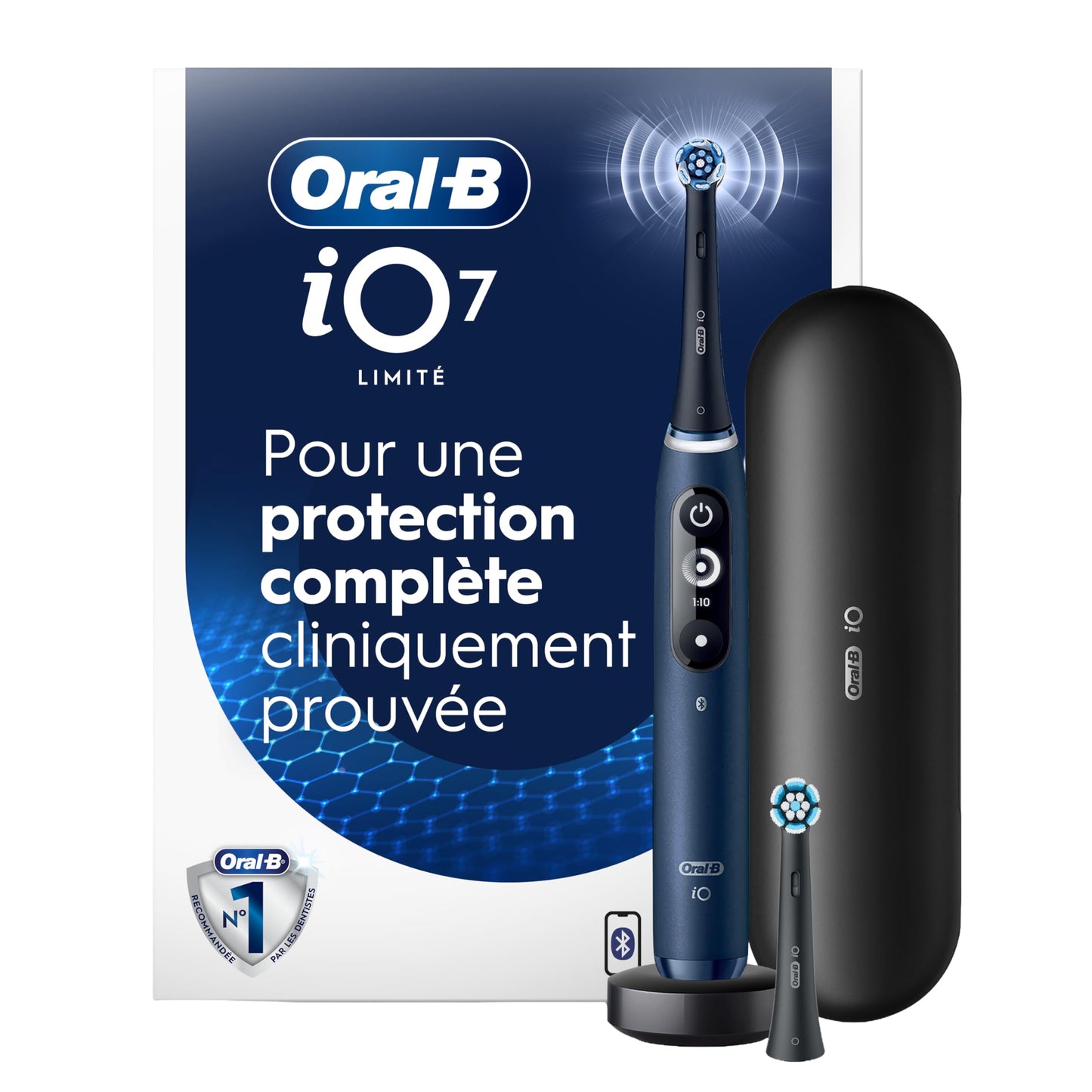 Oral-B iO Electric Toothbrush, Deep Clean + Protect, Rechargeable, Sapphire Blue with Visible Pressure Sensor, 5 Cleaning Settings, 2 Min Timer, a iO Series 7 Toothbrush, 2 Replacement Brush Heads, and Charging Travel Case 🍁 All In One Marketplace Canada