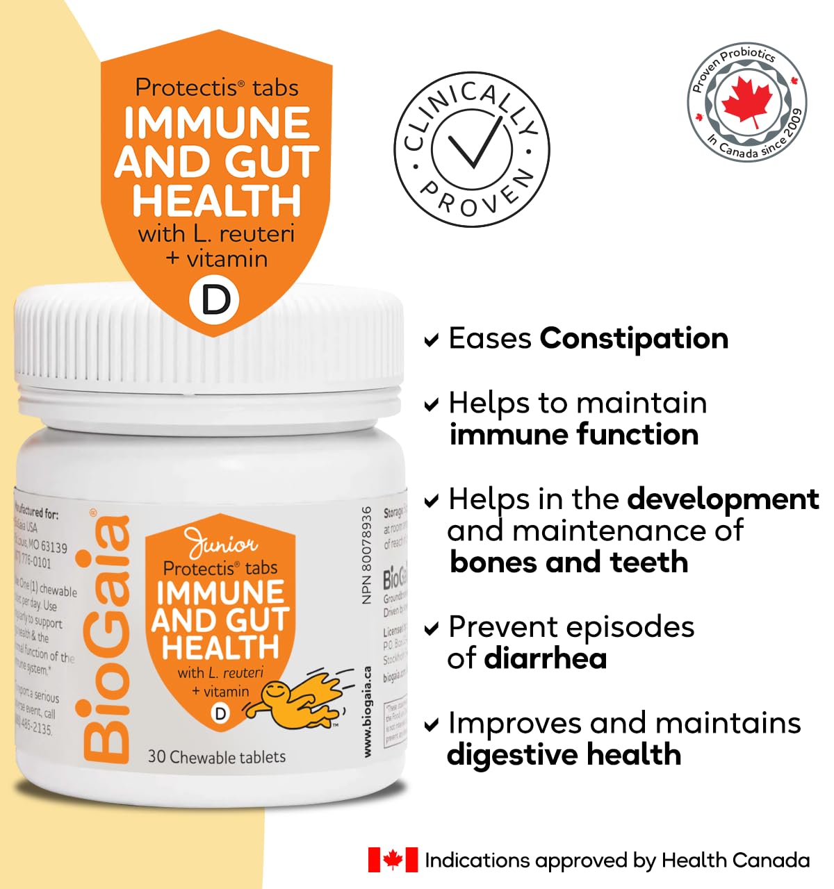 BioGaia Probiotic Junior Immune & Gut Health Tablets | New Format | Probiotic + 800 IU of Vit. D | 30-Day Supply/Chewable Tablets | For kids & Teens | Eases constipation | Helps maintain immune function | Development of bones and teeth | Prevent episodes