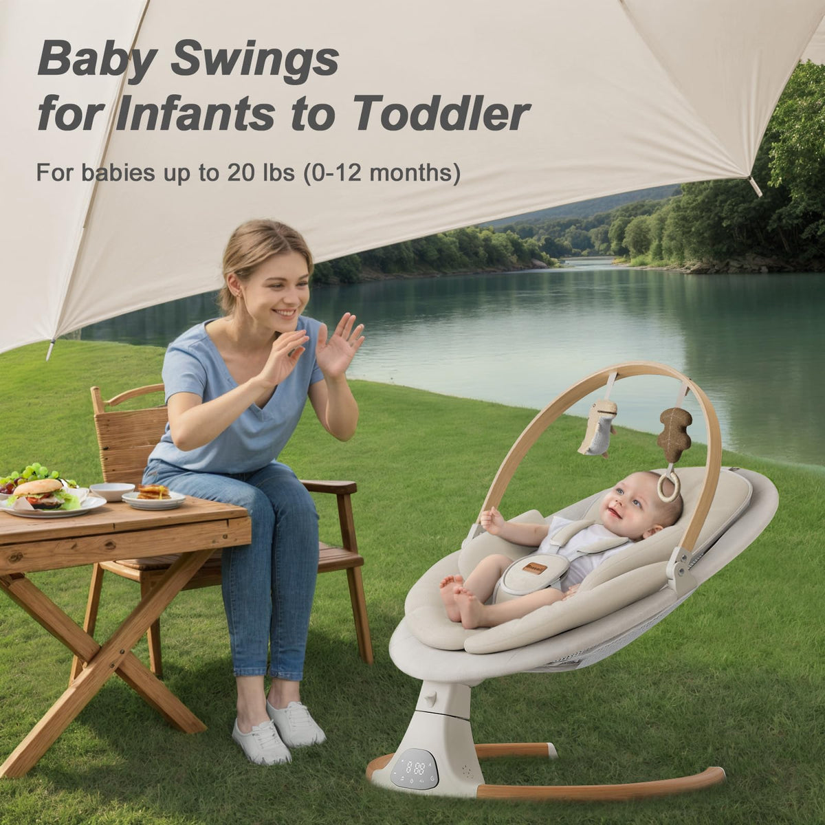 Baby Swings for Infants, Monamii Baby Swing, Bluetooth Infant Swing with Music Speaker, 5 Speeds and Remote Control, Electric Swing for Baby, Portable Baby Swing, Indoor & Outdoor Use (Light Beige) 🍁 All In One Marketplace Canada