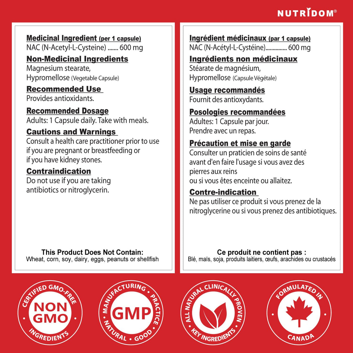 Nutridom NAC 600 mg, 300 Capsules, Canadian-Made N-Acetyl-L-Cysteine Supplement, Non-GMO, Vegan, Gluten Free, Made in Canada 🍁 All In One Marketplace Canada
