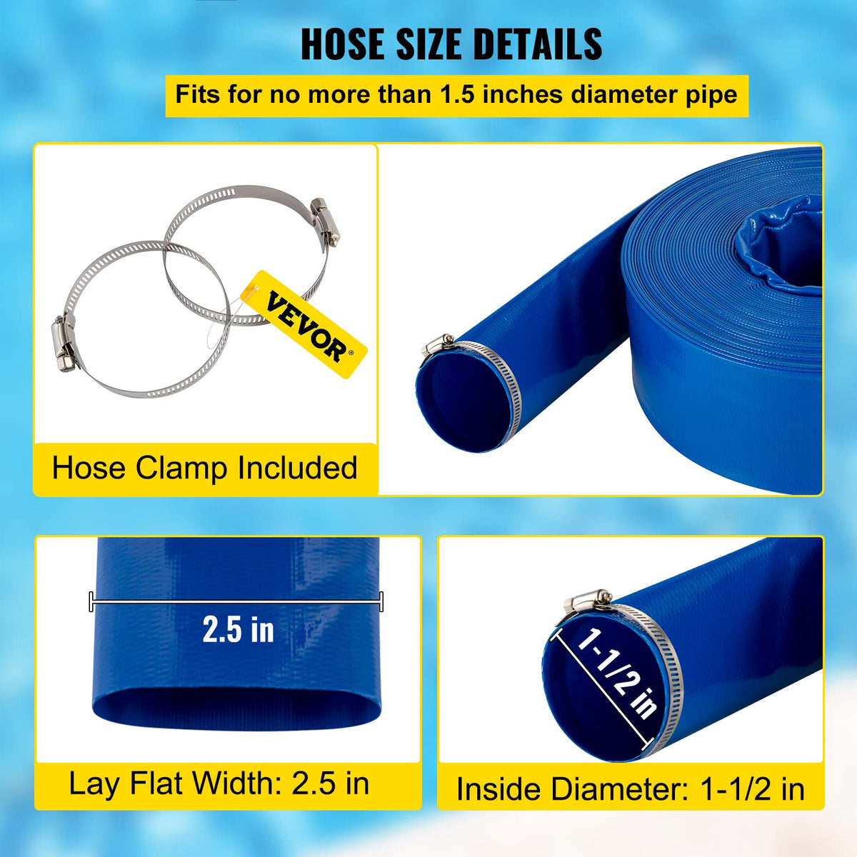 VEVOR Discharge Hose, 1-1/2" x 100', PVC Fabric Lay Flat Hose, Heavy Duty Backwash Drain Hose with Clamps, Weather-Proof & Burst-Proof, Ideal for Swimming Pool & Water Transfer, Blue 🍁 All In One Marketplace Canada