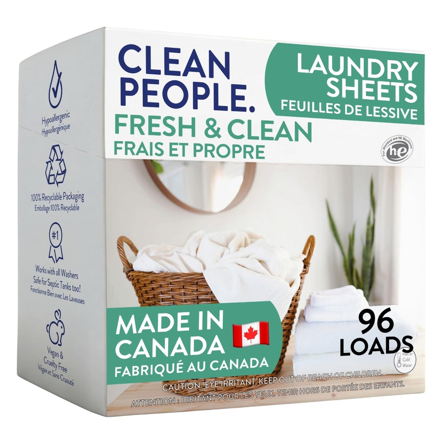 Clean People Laundry Detergent Sheets - Recyclable Packaging, Hypoallergenic, Stain Fighting - Ultra Concentrated, Laundry Soap - Fresh Scent, 96 Pack 🍁 All In One Marketplace Canada