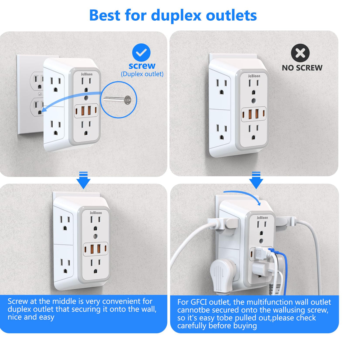 JcBlaon Outlet Extender Surge Protector - 6 Outlet Splitter with 4 USB Ports (2 USB C), Multiple Plug Expander Wall Charger, 3 Sided Multi Plug Wall Adapter Power Strip for Home Office Kitchen Travel 🍁 All In One Marketplace Canada