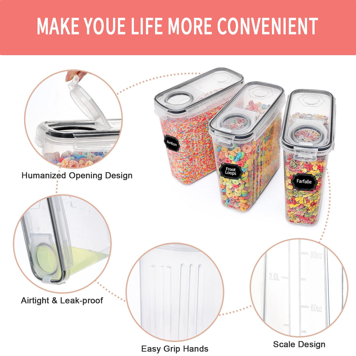Large Dry Food Storage Containers with Lids, PRAKI 6PCS 4L Airtight Cereal Containers Storage, Leak-proof Canister Set for Kitchen Pantry Organizers and Storage with 20 Labels & Marker 🍁 All In One Marketplace Canada