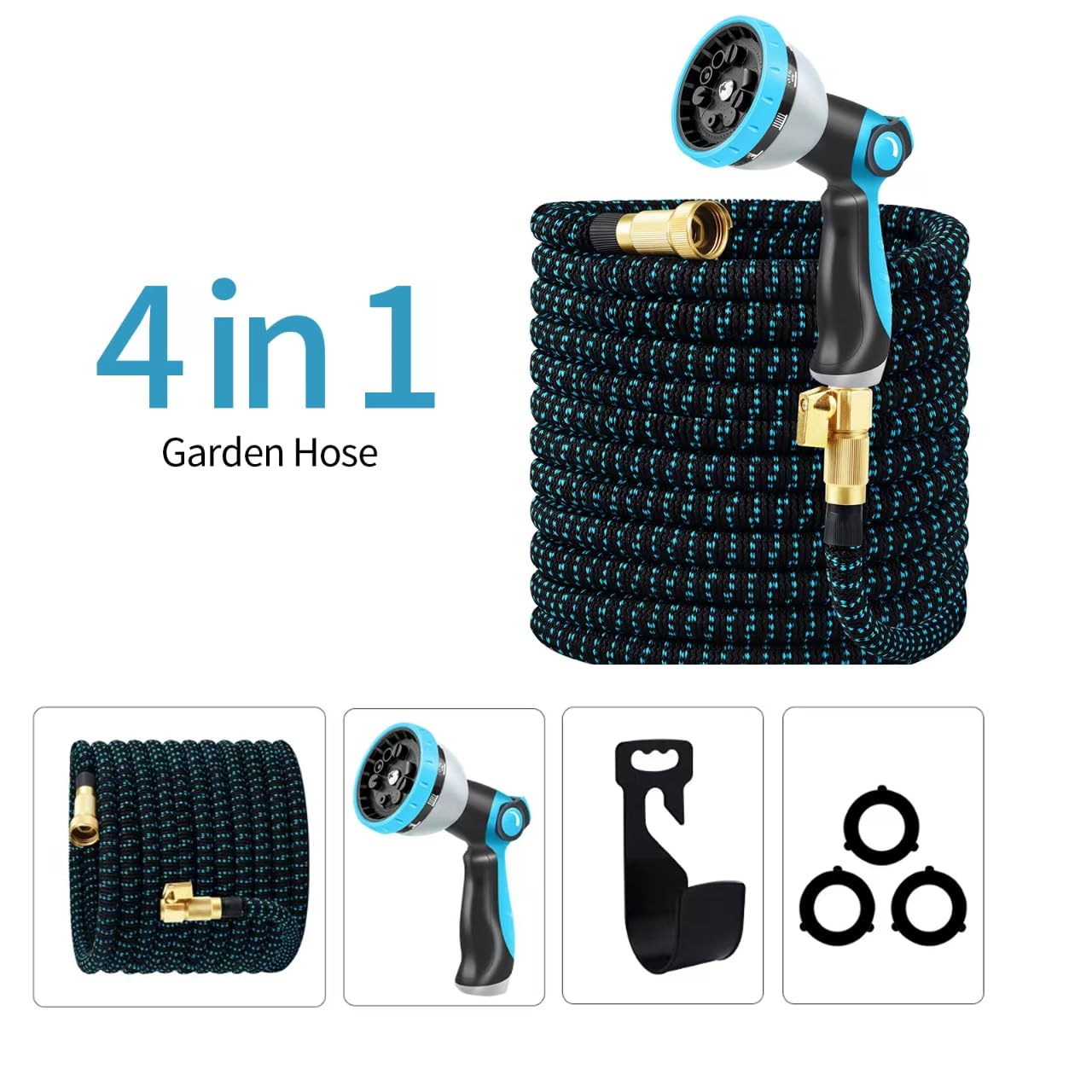 Expandable Garden Hose, Water Hose 100ft with 10 Function Nozzle, Flexible Hose with 3/4" Solid Brass Fittings, Extra Strength Fabric, Easy Storage Kink Free, Black & Blue 🍁 All In One Marketplace Canada