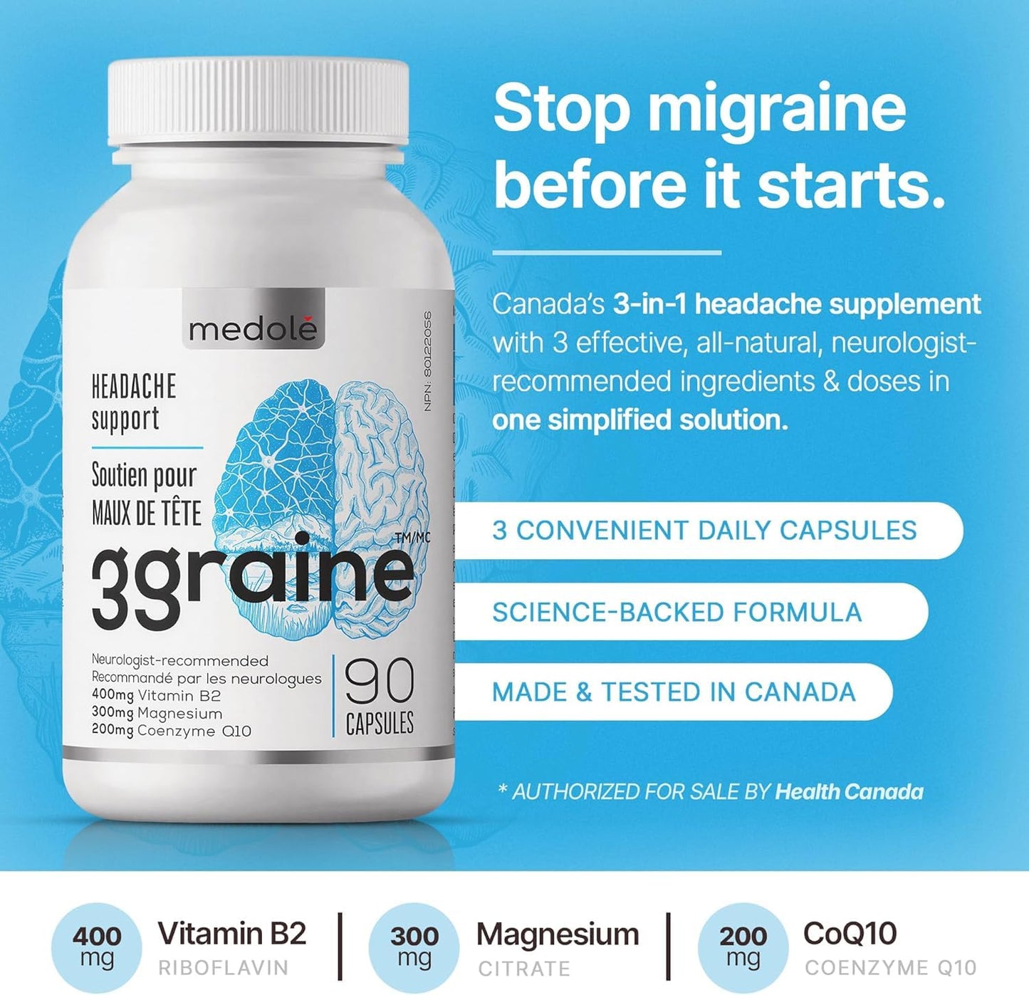 3graine-NEW-Headache Supplement Migraine Prevention and Relief, 400mg Vitamin B2, CoQ10 200mg, Magnesium, Neurologist-Recommended Doses & Ingredients, Nausea & Vomiting Support | 30 Days Supply 🍁 All In One Marketplace Canada