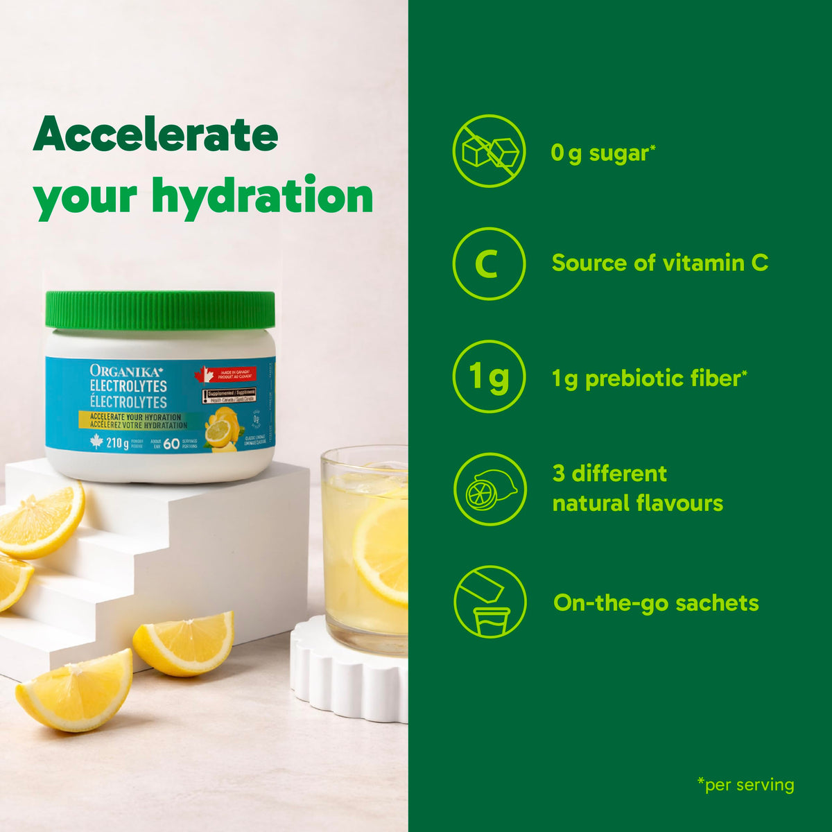 Organika Canadian-Made Electrolytes Powder with Vitamin C & Prebiotic Fibre - Sugar-Free Hydration Drink Mix - Classic Lemonade - 210 g - 60 servings 🍁 All In One Marketplace Canada
