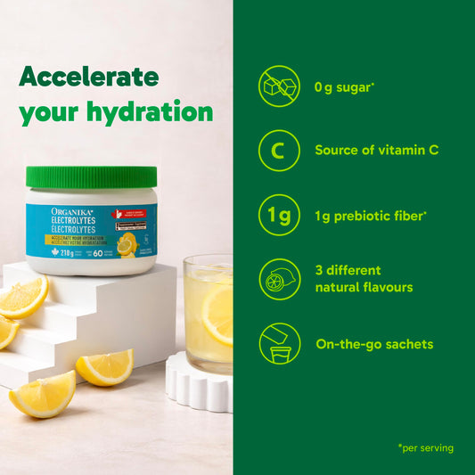Organika Canadian-Made Electrolytes Powder with Vitamin C & Prebiotic Fibre - Sugar-Free Hydration Drink Mix - Classic Lemonade - 210 g - 60 servings 🍁 All In One Marketplace Canada