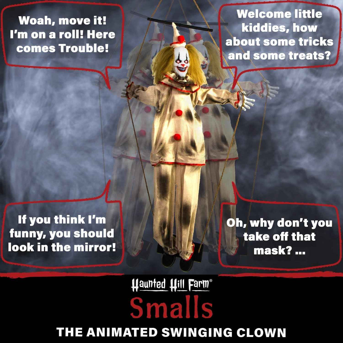 Haunted Hill Farm 55-in. Smalls The Animated Swinging Clown, Indoor or Covered Outdoor Halloween Decoration, Battery Operated, Festive Holiday Decor