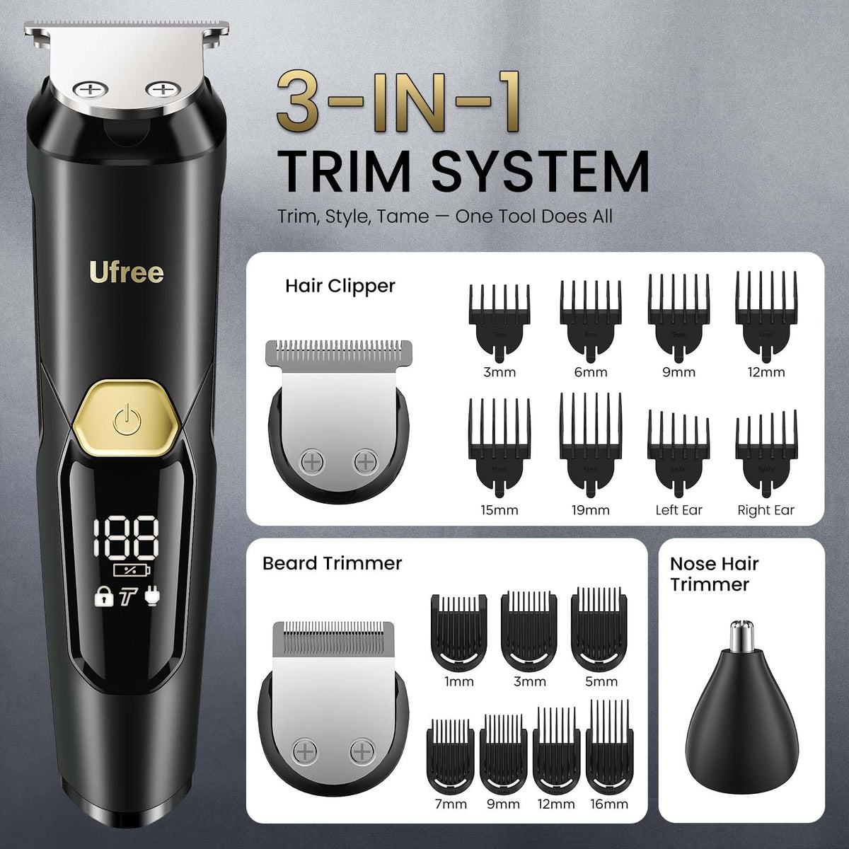 Ufree 3-in-1 Beard Trimmer for Men, Waterproof Electric Razor Shaver for Facial Hair, Rechargeable Hair Trimmer Clippers Grooming Kit, Gifts for Husband Father 🍁 All In One Marketplace Canada