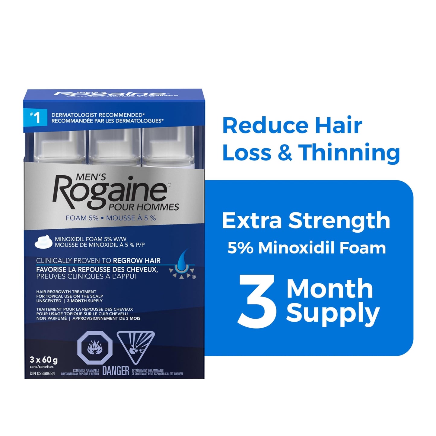 Rogaine Men's Hair Regrowth Treatment with 5% Minoxidil Foam - Clinically Tested for Male Pattern Baldness - 3-Month Supply, Quick-Dry Formula, 3x 60g Canisters 🍁 All In One Marketplace Canada