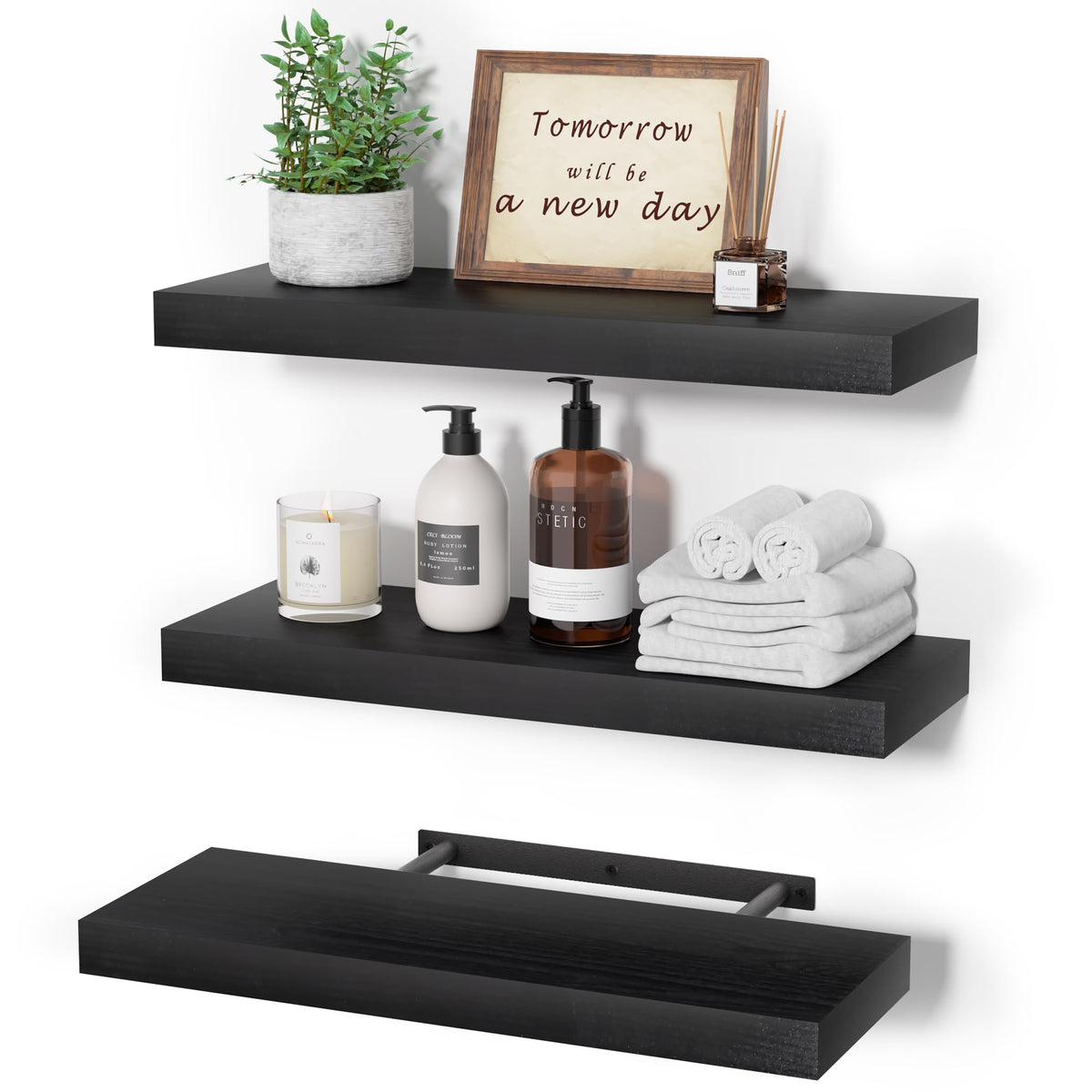 upsimples 16.5" L Black Wooden Floating Shelves with Invisible Brackets, Wall Mounted Modern Wood Shelves Set of 3, for Bathroom Bedroom 🍁 All In One Marketplace Canada