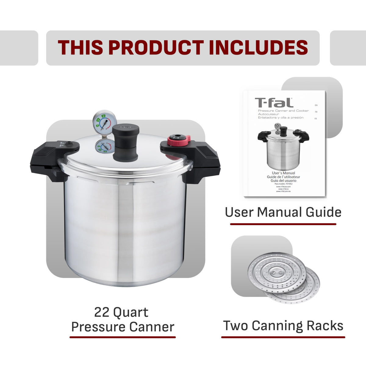 T-fal 22-Quart Aluminum Pressure Canner, 3 PSI Settings, Includes Racks & Guide, Large Capacity, Pressure & Water Bath for Vegetables, Meats, Seafood & Fruits, Silver 🍁 All In One Marketplace Canada