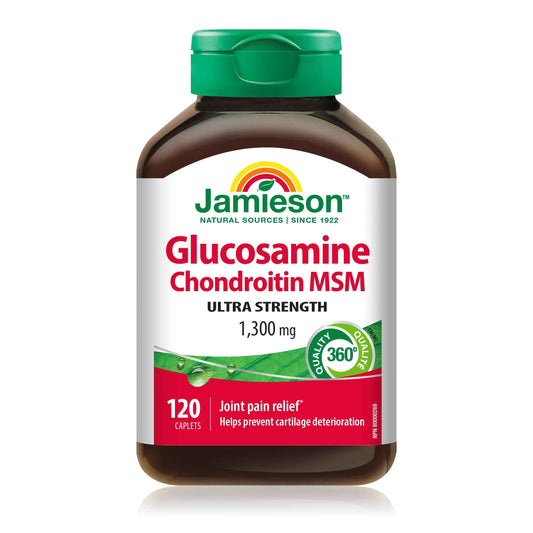 Jamieson Ultra Strength Glucosamine Chondroitin MSM 1300 mg, Provides Joint Pain Relief, Osteoarthritis Support, and Cartilage Deterioration Protection. Non-GMO, Gluten-Free, 120 Caplets, Proudly Canadian 🍁 All In One Marketplace Canada