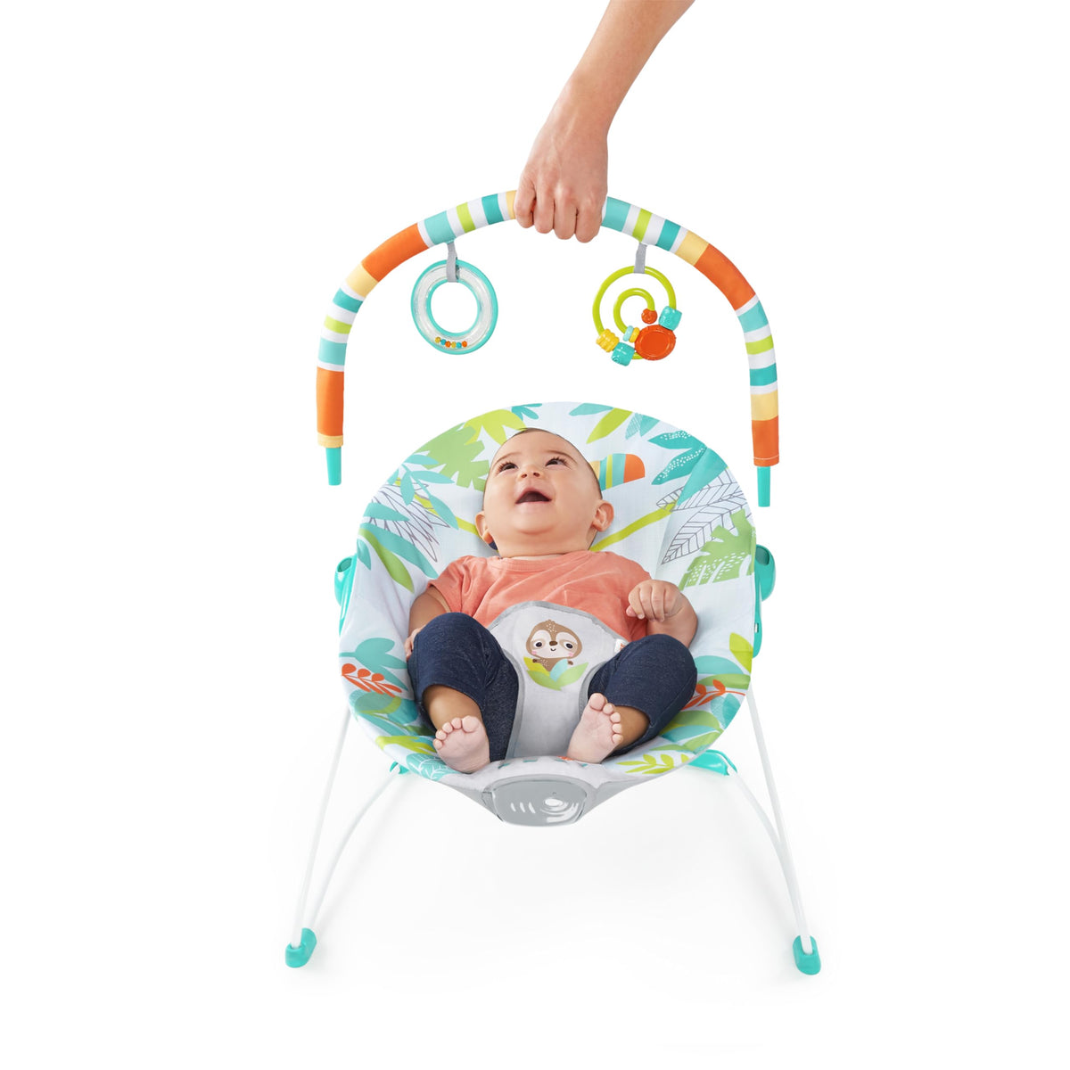 Bright Starts Rainforest Vibes 3-Point Harness Vibrating Baby Bouncer with -Toy bar 🍁 All In One Marketplace Canada