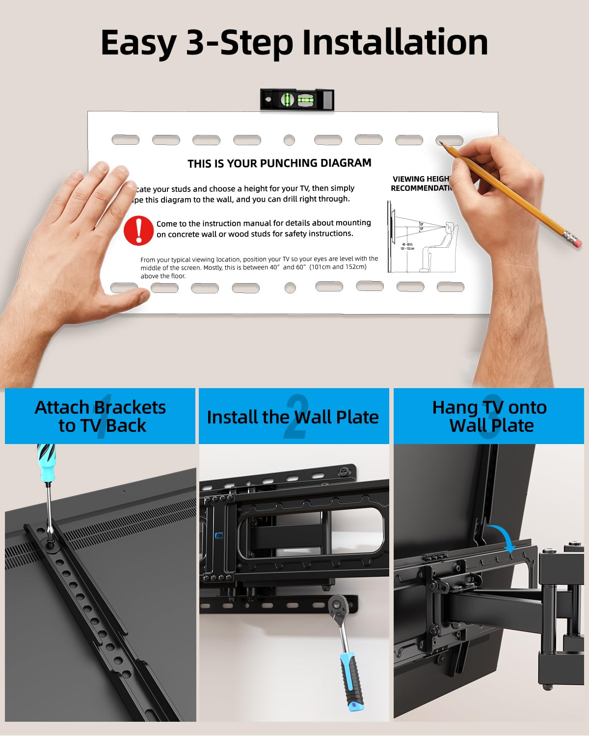 HOME VISION Full Motion TV Wall Mount for Most 32-85 inch TVs up to132 lbs, TV Mount Swivel and Tilt with Dual Articulating Arms, Wall Mount TV Bracket Max VESA 600x400mm, Fits 8" 12" 16" Wood Studs 🍁 All In One Marketplace Canada