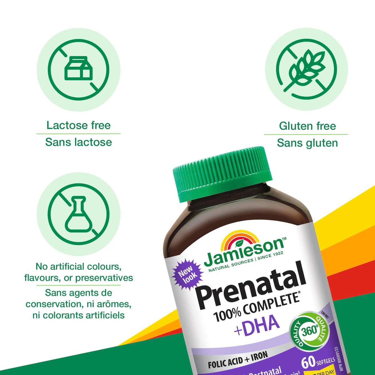 Jamieson Prenatal 100% Complete Multivitamin + DHA, with Folic Acid and Iron, 60 Softgels. For Prenatal, Postnatal and Breastfeeding, Supports Baby's Developing Brain, Gluten-Free, One Per Day 🍁 All In One Marketplace Canada