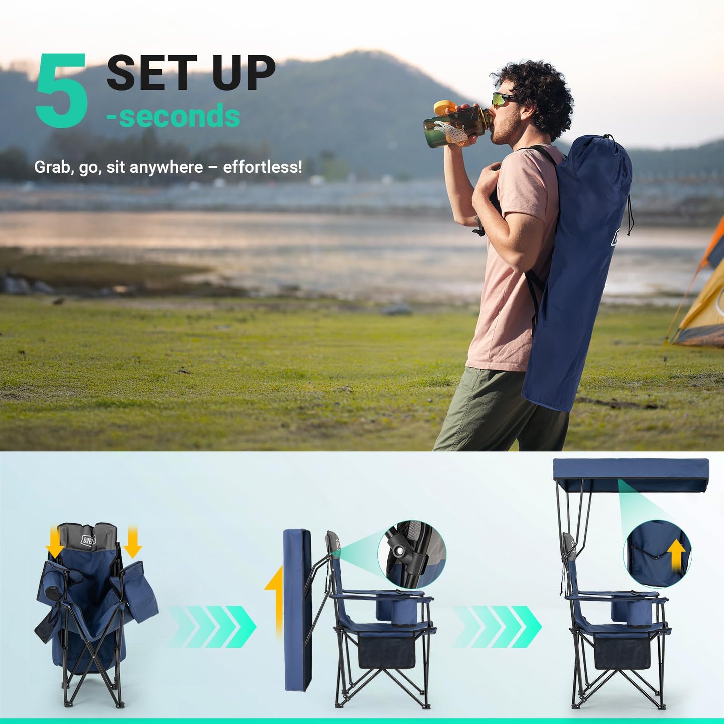 Overmont Beach Chair with Cooler and Umbrella - Sunshade Backpack Folding Canopy Chair with Two Arm Rest Cup Holder Carry Bag - Portable for Sand Camping Travel Outdoor Pool 330 lbs Blue 🍁 All In One Marketplace Canada
