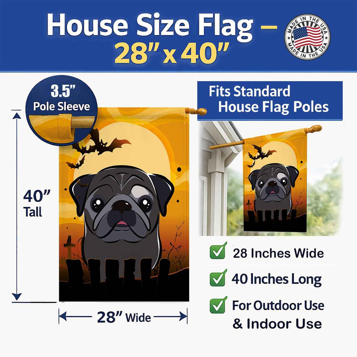 Caroline's Treasures BB1821CHF Halloween Black Pug Canvas House Size Flag, Multicolor, Large