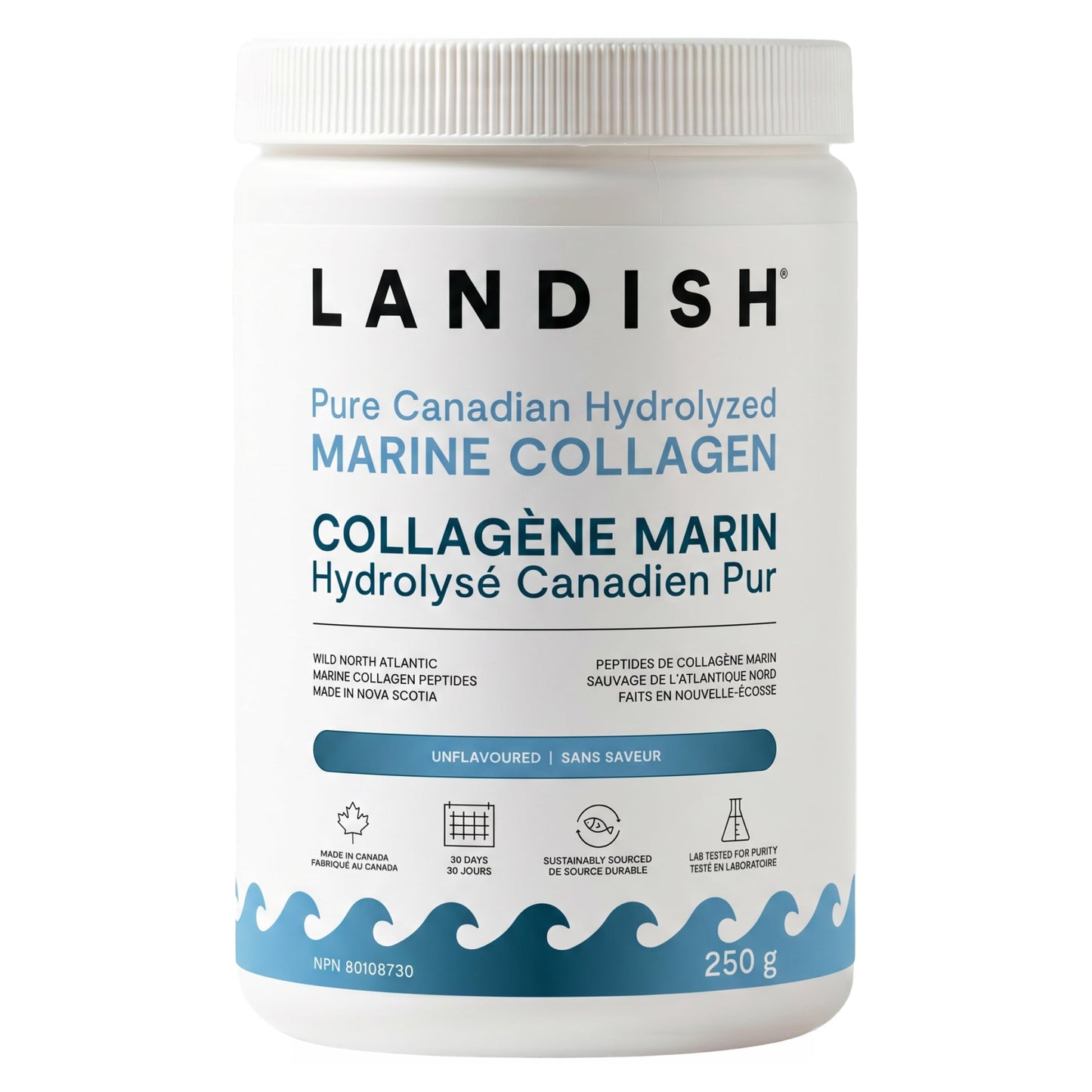 Landish Pure Canadian Marine Collagen Peptides Powder - Whole-Body Benefits & Joint Support, For Women & Men - Hydrolyzed, Unflavoured, Ultra-Pure Protein Supplement - Fully Dissolves, 0 Carb & Sugar - Made in Canada - 250 g (30-Day Supply)