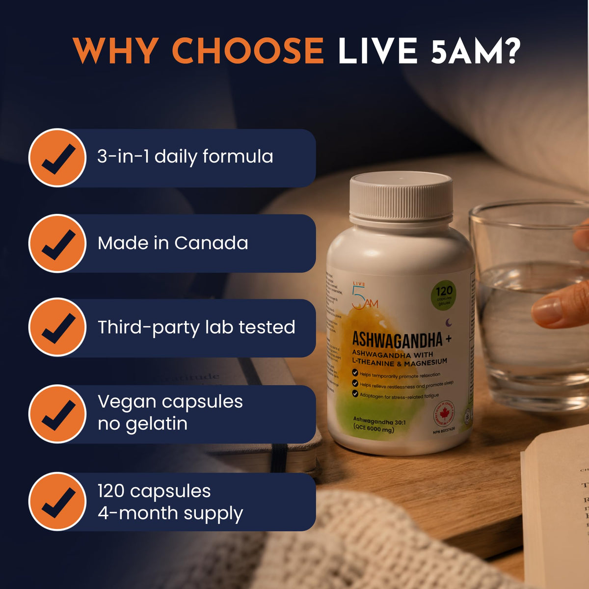 Live 5AM Ashwagandha 6000mg with L-Theanine 200mg, Magnesium Bisglycinate 75mg & Black Pepper Extract - Relaxation, Stress & Restlessness Support - 4 Month Supply, 120 Capsules - Made in Canada 🍁 All In One Marketplace Canada