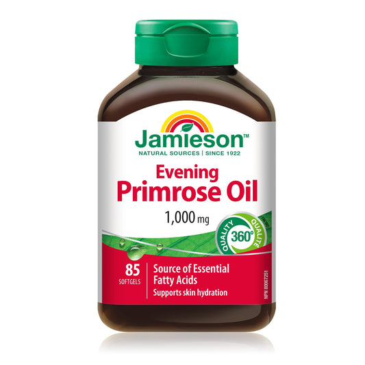Jamieson Evening Primrose Oil 1,000 mg, Omega-6, Supports Skin Hydration, Skin Smoothness, Reduces Acne Symptoms, and Provides Ezcema Symptom Support. Non-GMO, Gluten-Free, 85 Softgels, Proudly Canadian 🍁 All In One Marketplace Canada