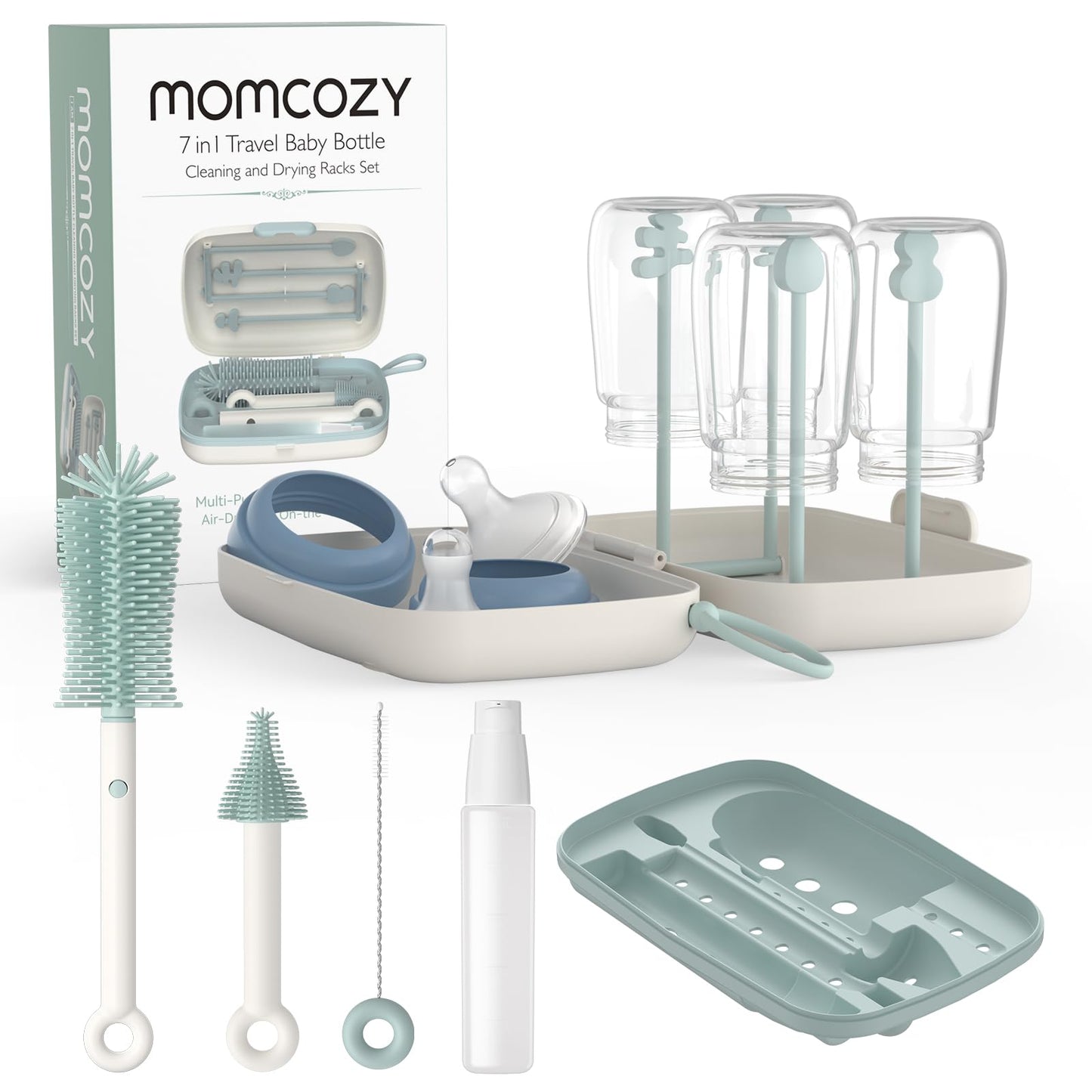 Momcozy 7 in 1 Travel Bottle Cleaning Kit - Baby Bottle Cleaner Set with Silicone Brush, Nipple Brush, Straw Brush, Soap Dispenser, Drying Rack - Home and Travel Bottle Cleaning Tools for Infants 🍁 All In One Marketplace Canada