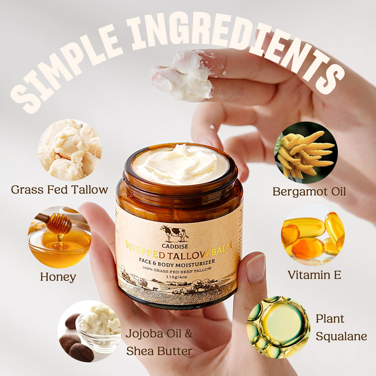CADDISE Whipped Beef Tallow for Skin – 100% Grass-Fed Handmade Cream Moisturizer for Face & Body, Natural with Honey, Shea Butter, Jojoba Oil, Non-Greasy, Nourishing for Men, Women, Kids, 4 Oz 🍁 All In One Marketplace Canada