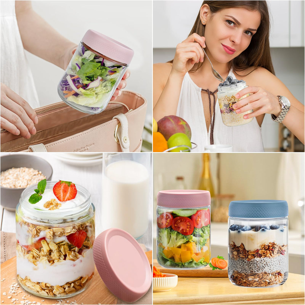 16 OZ Overnight Oats Jar,6 Pack Glass Jar with Lid and Spoon,Reusable Wide Mouth Mason jars for Overnight Oats,Yogurt Snacks Fruit, Salad Dressing, Sauce,Cereal-Leak Proof(500 ml) 🍁 All In One Marketplace Canada