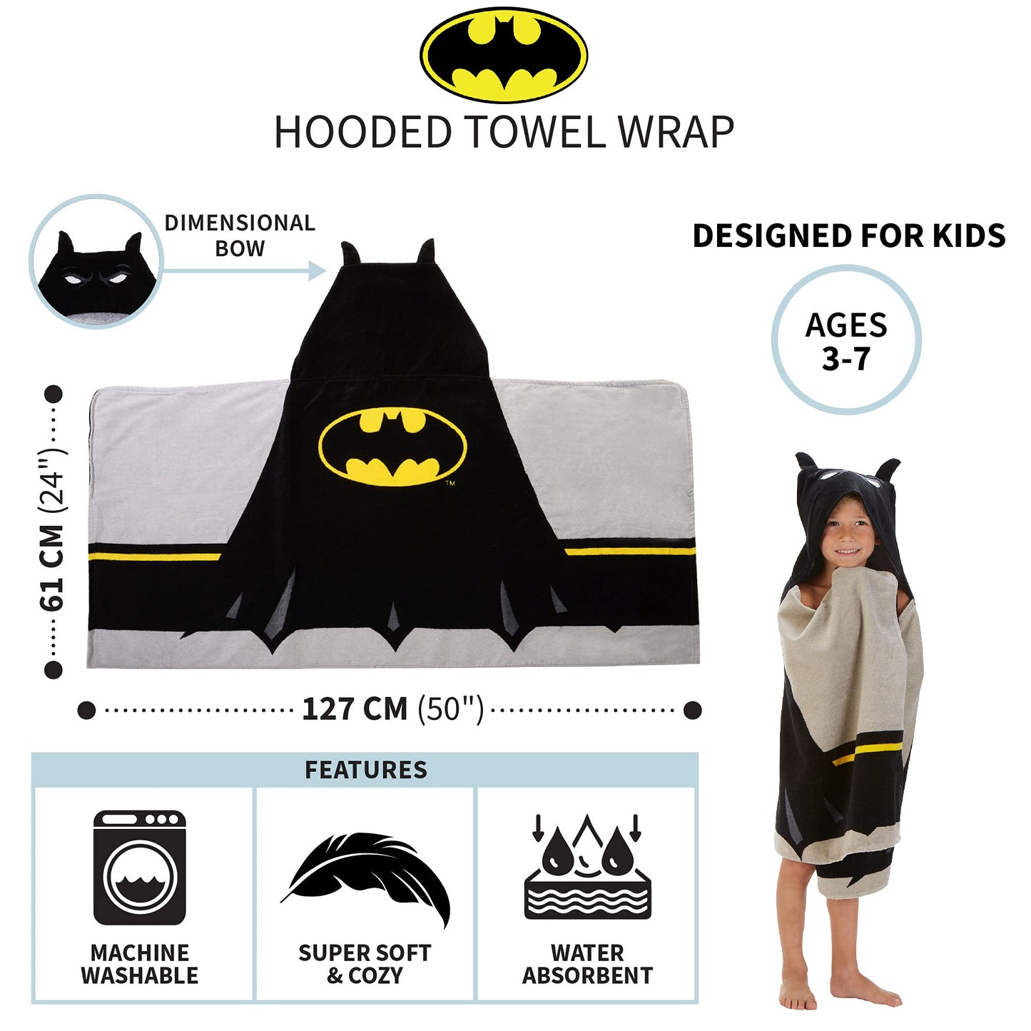 Batman Kids Bath/Pool/Beach Super Soft Cotton Terry Hooded Towel Wrap, 24" x 50", (Officially Licensed Product) By Franco 🍁 All In One Marketplace Canada