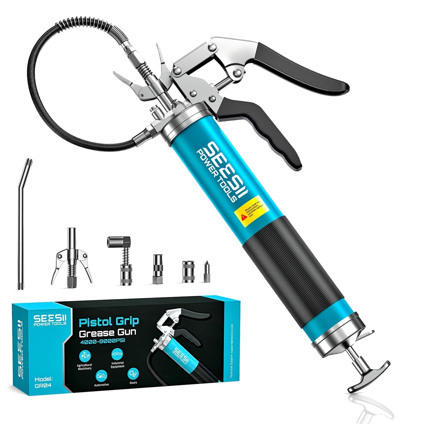 Seesii 8000PSI Grease Gun Kit: Heavy Duty Pistol Grip Grease Gun with 14oz Capacity, Quick-Release Coupler, 90° Adapter, Flexible Hose, Rigid Pipe for Automotive, Agricultural, Industrial, Farm, Car 🍁 All In One Marketplace Canada
