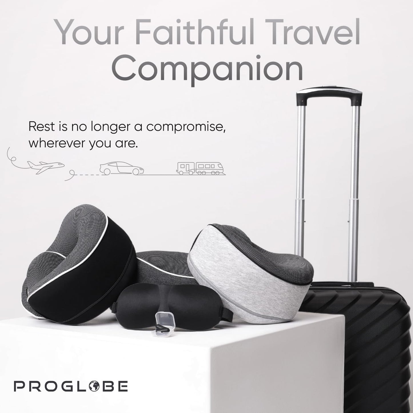 Proglobe Orthopedic Neck Pillow Travel Neck Pillows for Airplanes, Memory Foam Kit, Updated Resting Material, Airplane Travel Set with 3D Contoured Eye Masks, Earplugs, and Luxury Mesh Bag (Grey) 🍁 All In One Marketplace Canada