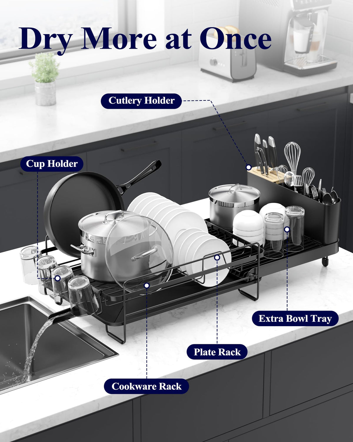 Kitsure Large Dish Drying Rack - Extendable Stainless Steel, Anti-Rust Kitchen Counter Rack with Cutlery & Cup Holders, 67.8 x 32.8 x 15.0cm, Black 🍁 All In One Marketplace Canada