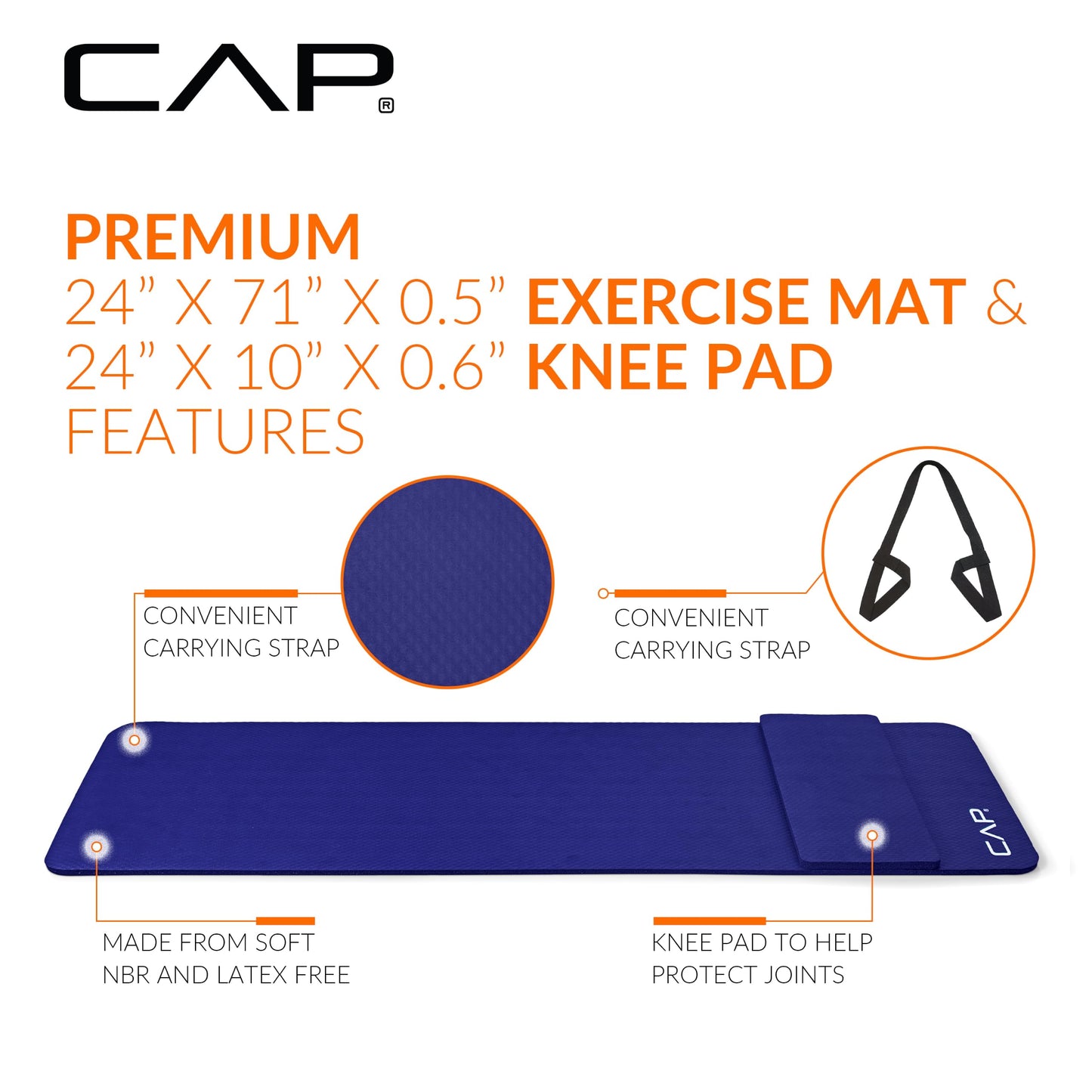 CAP Barbell High Density Exercise Yoga Mat with strap and Knee Pad 71"x24"x1/2" BLUE 🍁 All In One Marketplace Canada