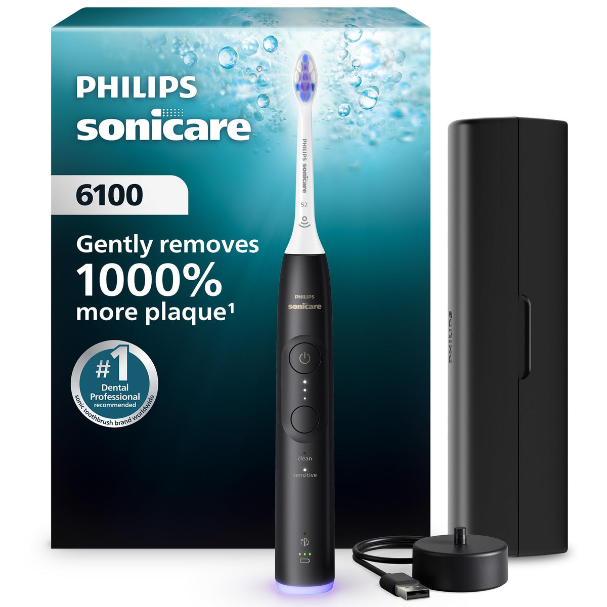Philips Sonicare 6100 Series Electric Toothbrush - Next-Generation Sonicare Technology, Pressure Sensor, 6 Brushing Settings, SmarTimer, BrushPacer, 21-day Runtime, Travel Case, Black, Model HX7401/06 🍁 All In One Marketplace Canada
